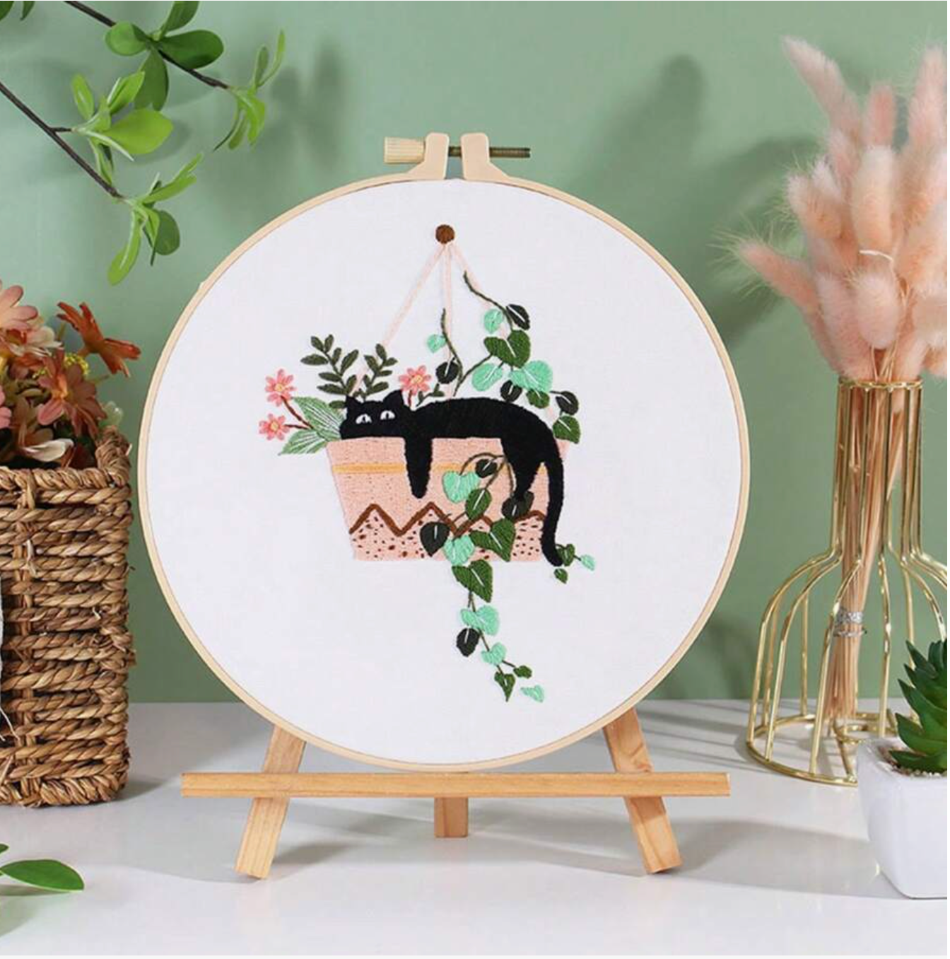 Hanging Plant Cat Cross Stitch Kit