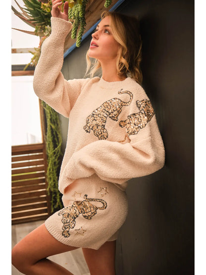 Cozy Knitted Sequin Sweater and Shorts Set