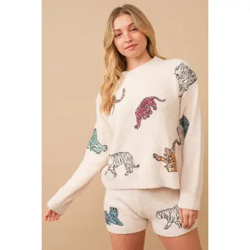 Cozy Multi Tiger Sequin Sweater with Matching Shorts