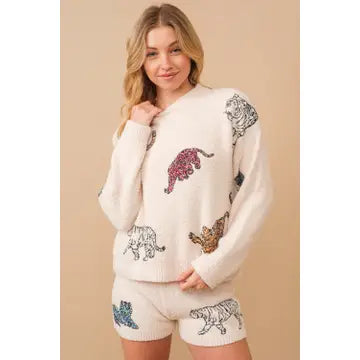 Cozy Multi Tiger Sequin Sweater with Matching Shorts